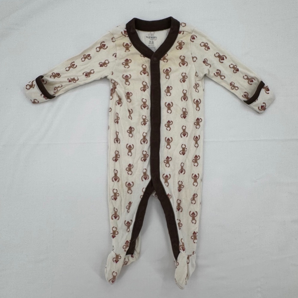 Old Navy Baby Sock Monkey Print Footed Sleeper Pajamas 3-6 Months 100% Cotton